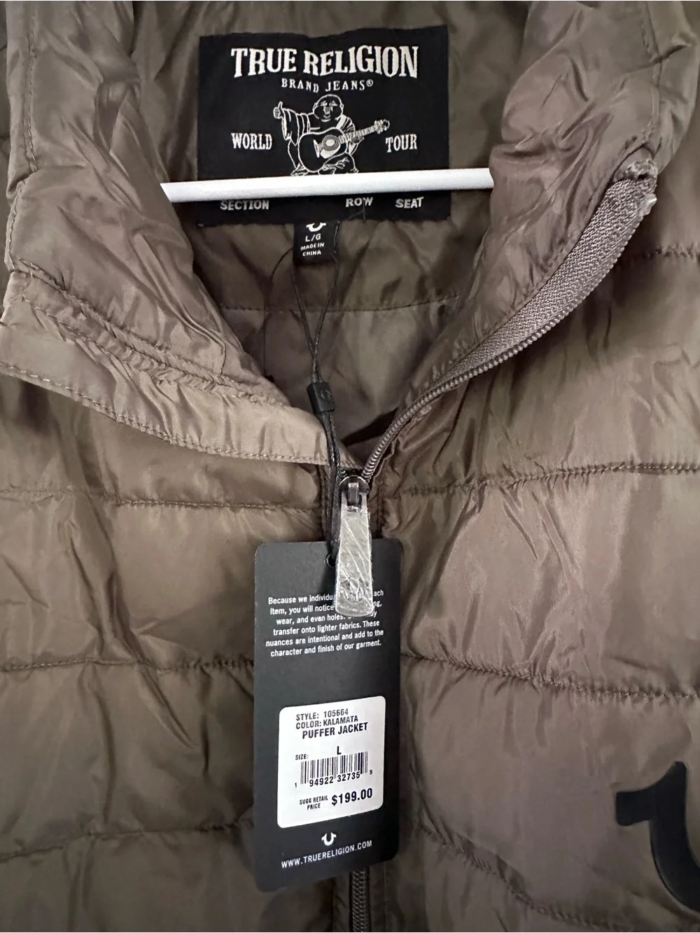 New True Religion Olive Kalamata Logo Puffer Jacket Coat Mens Large $199 105664